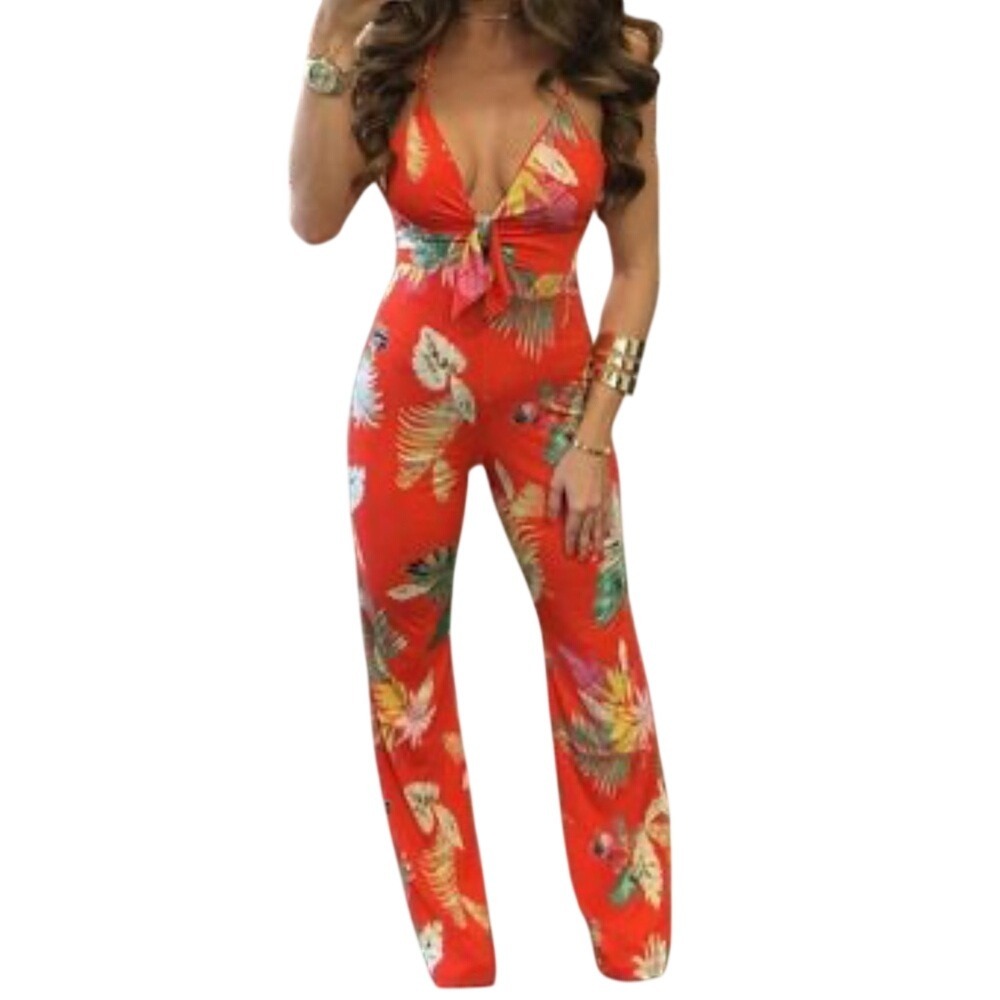 Orange Floral Halter Jumpsuit Large Sexy Stretch Tropical Pinup Retro Stretch‎